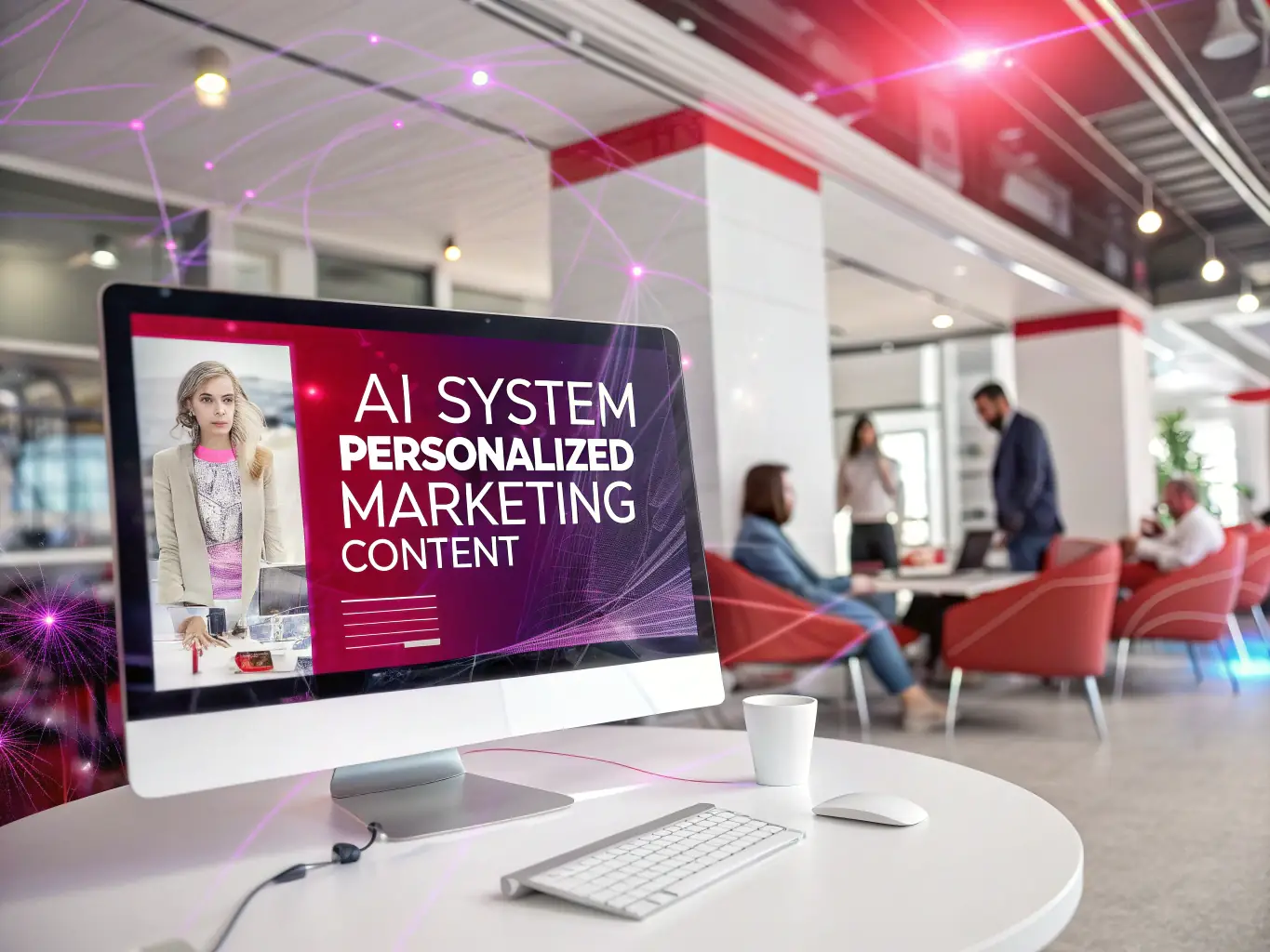 A digital illustration showing an AI marketing agent creating personalized content for different customer segments, with various devices displaying tailored messages.