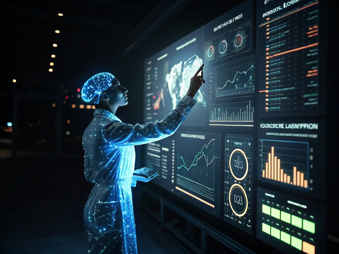 A digital illustration of an AI marketing agent optimizing a marketing campaign dashboard, with various performance metrics and insights displayed.