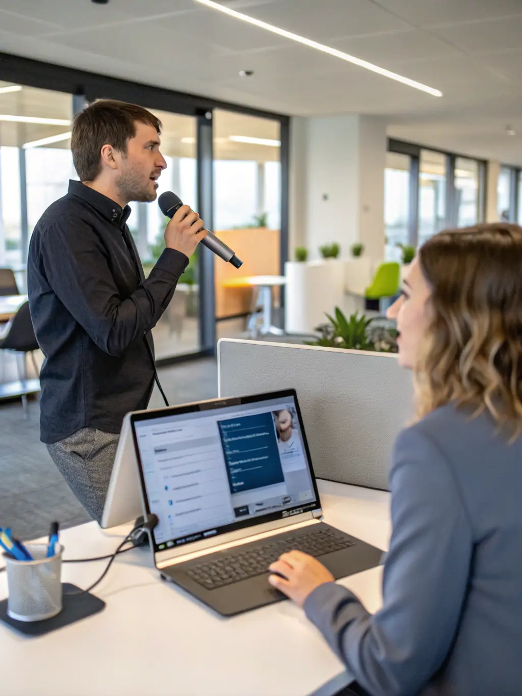 An image of a sleek virtual assistant interface with voice waveforms and a user interacting via voice commands, representing Captivize's AI Voice Agents.