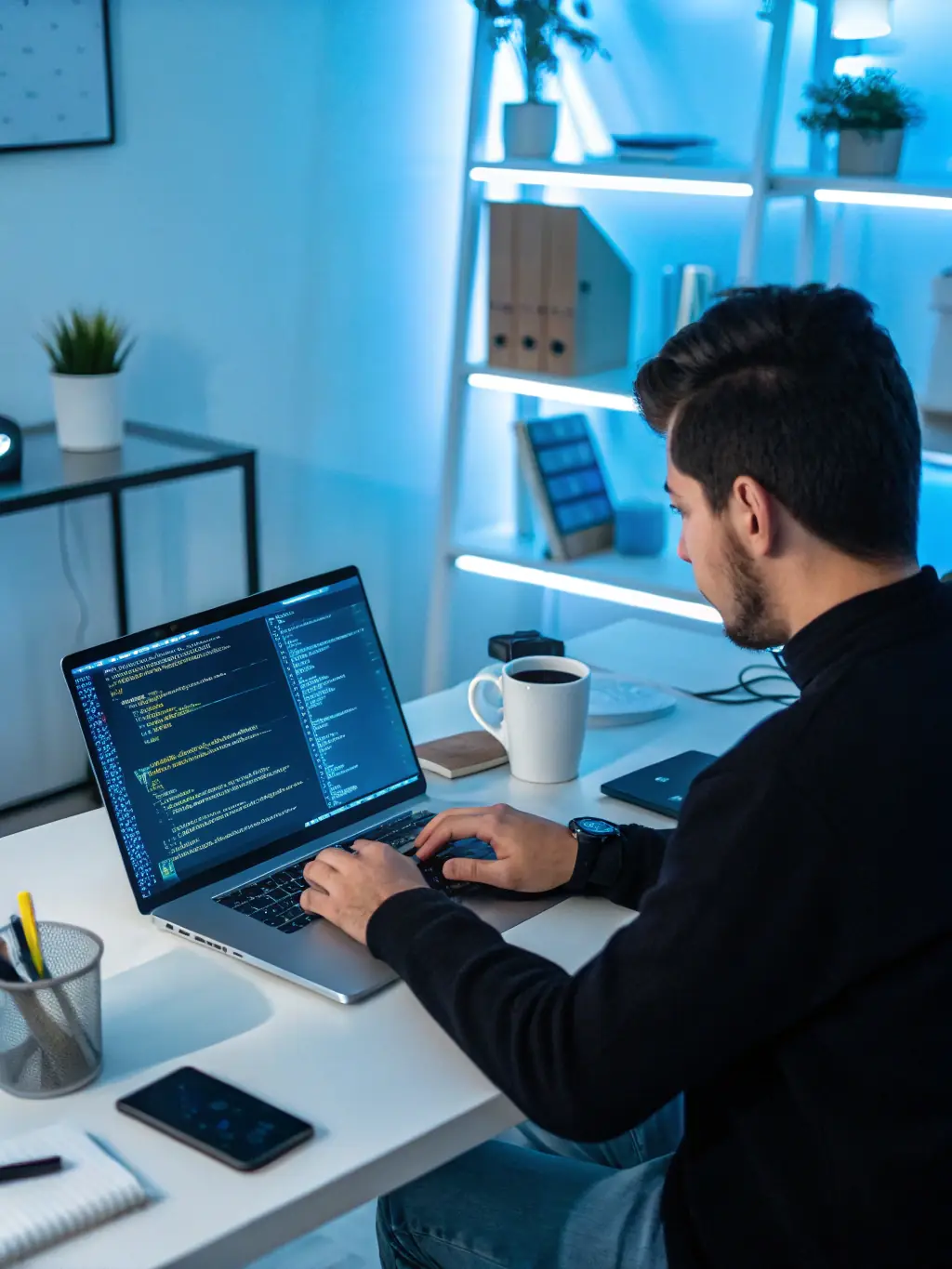 An image of a developer working on a custom automation dashboard with code snippets and workflow diagrams, showcasing Captivize's Custom AI Automations.