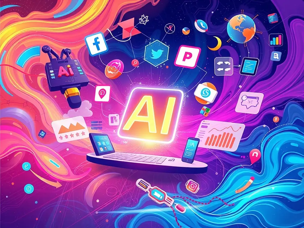 A digital illustration depicting an AI marketing agent analyzing data streams and optimizing a marketing campaign in real-time, with charts and graphs overlaid to represent performance metrics.